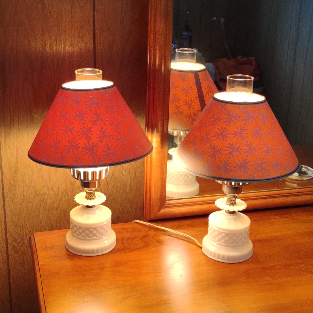 Diamond point pattern milk glass dresser lamps vintage